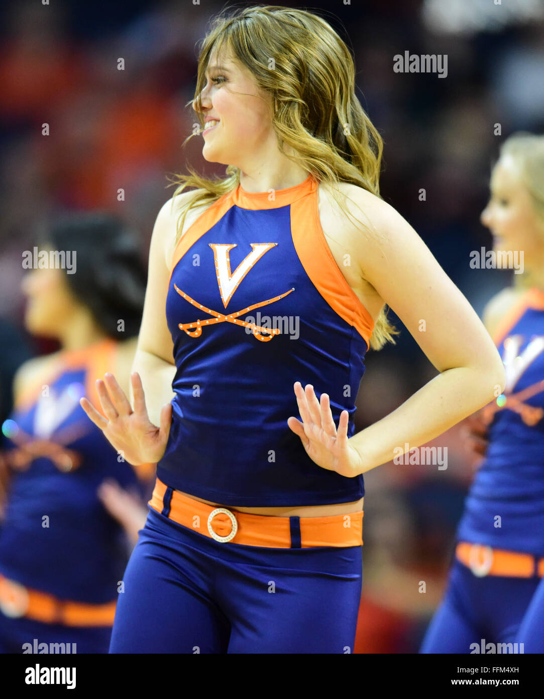 Charlottesville, VA, USA. 15th February, 2016. A UVA dancer during the NCAA Basketball game between the NC State Wolfpack and the Virginia Cavaliers at the John Paul Jones Arena on February 15, 2016 in Charlottesville, VA. Credit:  Cal Sport Media/Alamy Live News Stock Photo