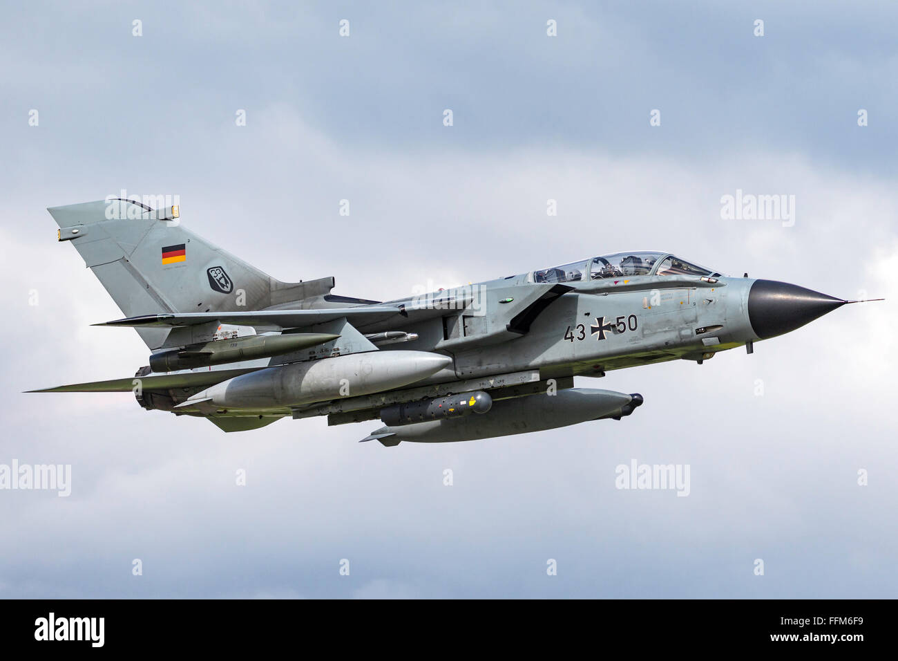 German Air Force (Luftwaffe) Panavia Tornado IDS 43+50 fighter aircraft departing Payerne Air Base in Switzerland. Stock Photo