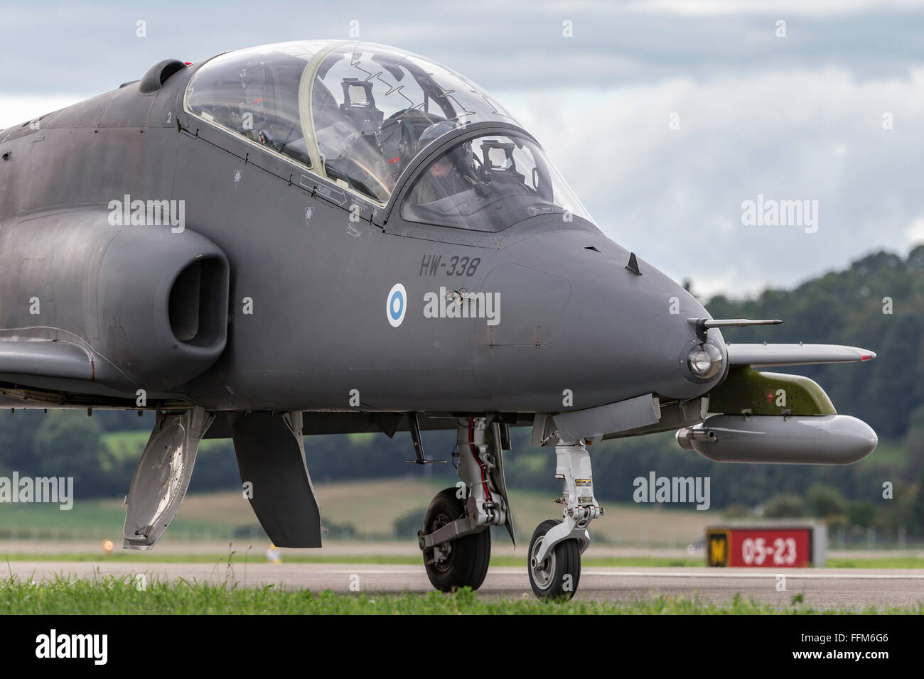 Finnish Air Force operated British Aerospace Hawk Mk.51 jet trainer aircraft of the Midnight Hawks formation display team Stock Photo