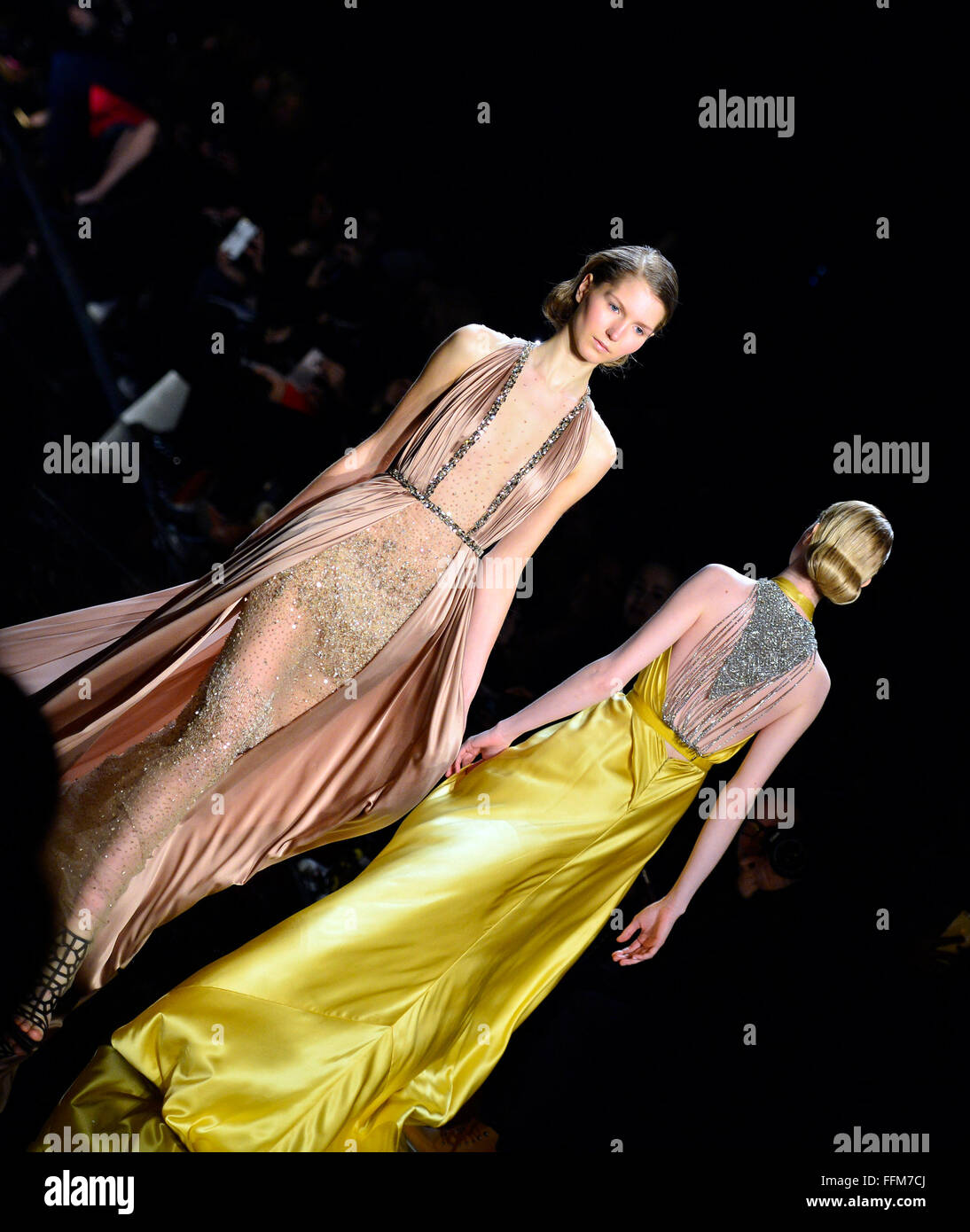 New York, USA. 15th Feb, 2016. Models display creations of Reem Acra 2016 Fall/Winter collection during the New York Fashion Week in New York, the United States, on Feb. 15, 2016. Credit:  Wang Xijia/Xinhua/Alamy Live News Stock Photo