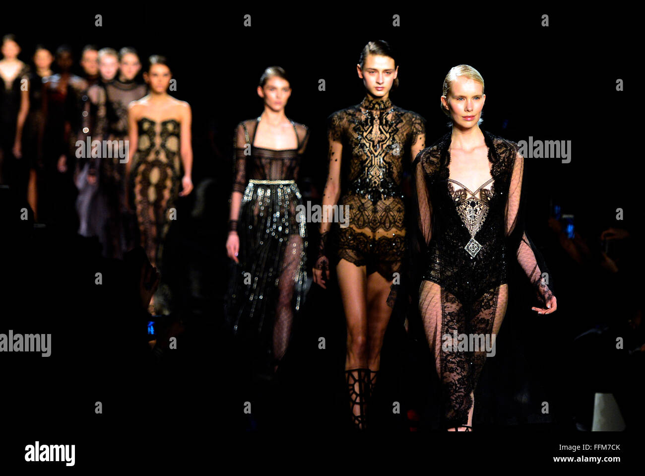 New York, USA. 15th Feb, 2016. Models display creations of Reem Acra 2016 Fall/Winter collection during the New York Fashion Week in New York, the United States, on Feb. 15, 2016. Credit:  Wang Xijia/Xinhua/Alamy Live News Stock Photo