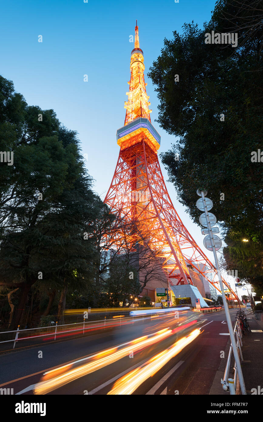 Tokyo Tower with traffic trail Stock Photo