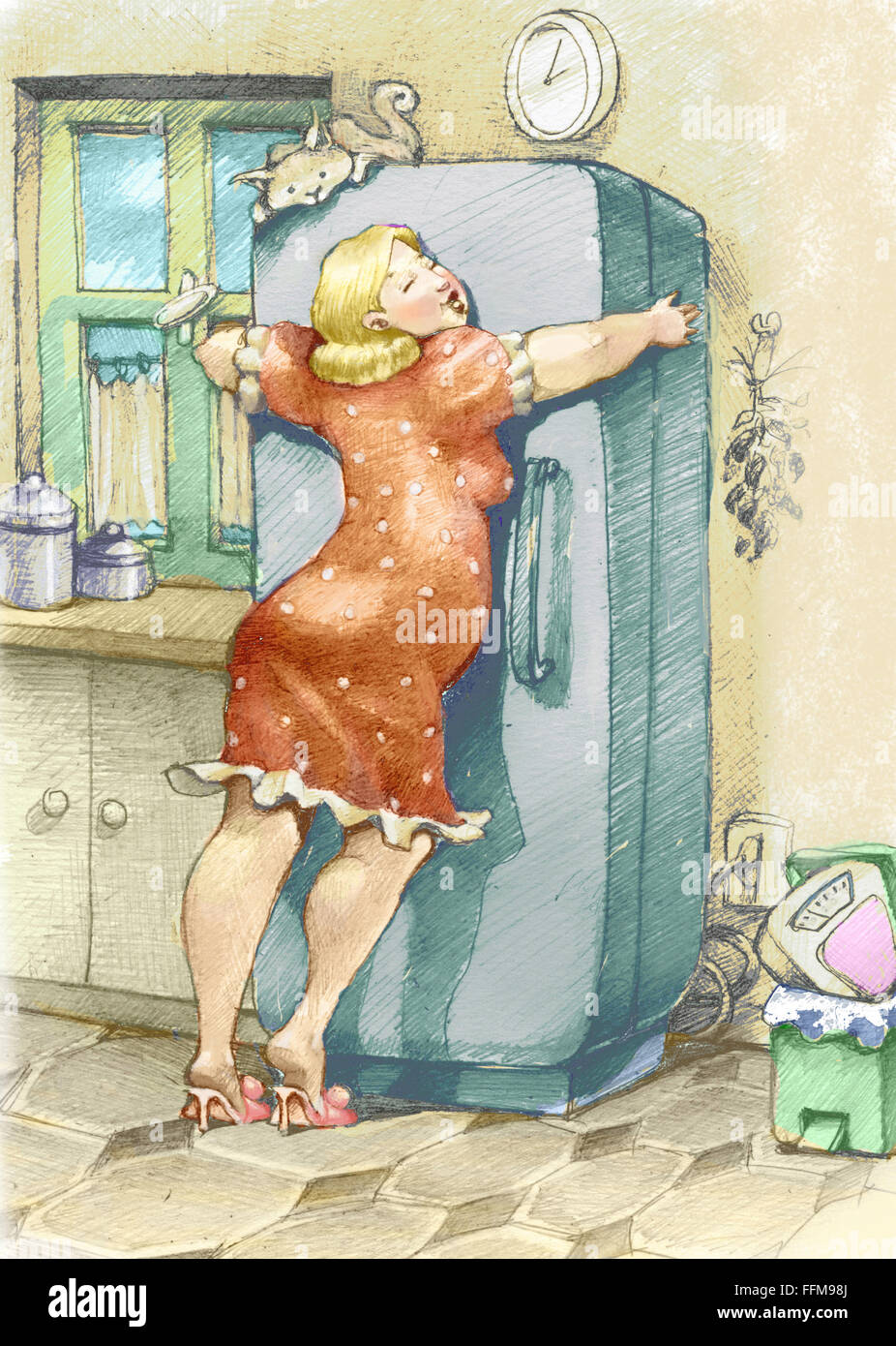 a plump woman embracing a fridge with passion Stock Photo
