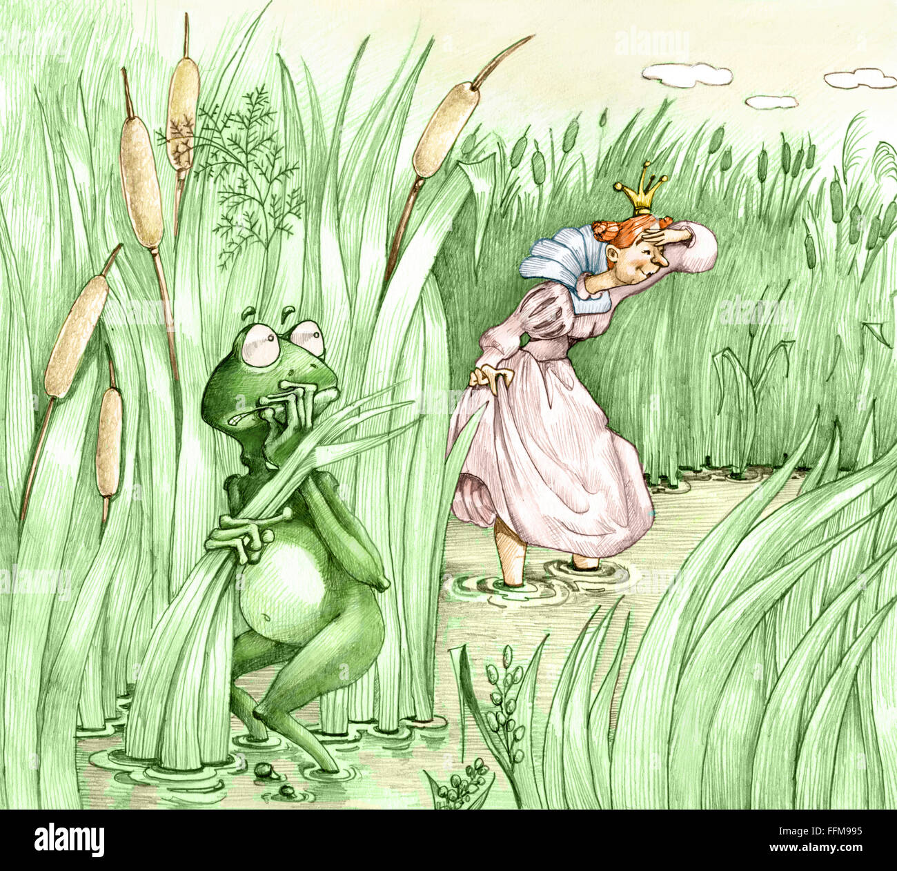 a frog prince is hiding terrified in the pond princess intrusive search that tireless and determined Stock Photo