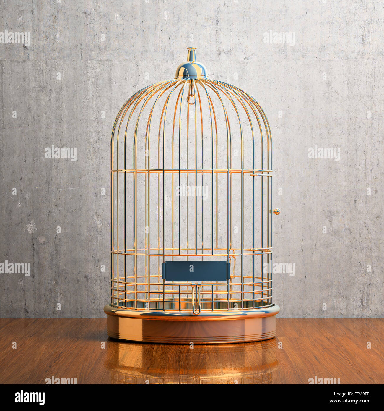 Empty bird golden cage on the table Stock Photo - Alamy