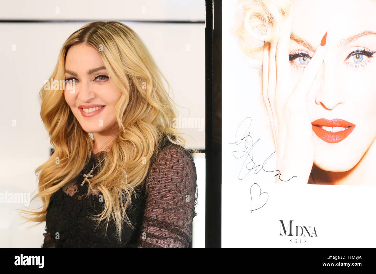 Madonna appears at Mitsukoshi Department store in Ginza to promote her cosmetic line MDNA Skin, on February 15, 2016 in Tokyo, Japan. The 57 year-old singer performed two consecutive nights at Saitama Super Arena over the weekend. Saturday's show started two hours late however, forcing some fans who had travelled from distance to leave even before the show began in order to catch the last train home. © Yohei Osada/AFLO/Alamy Live News Stock Photo