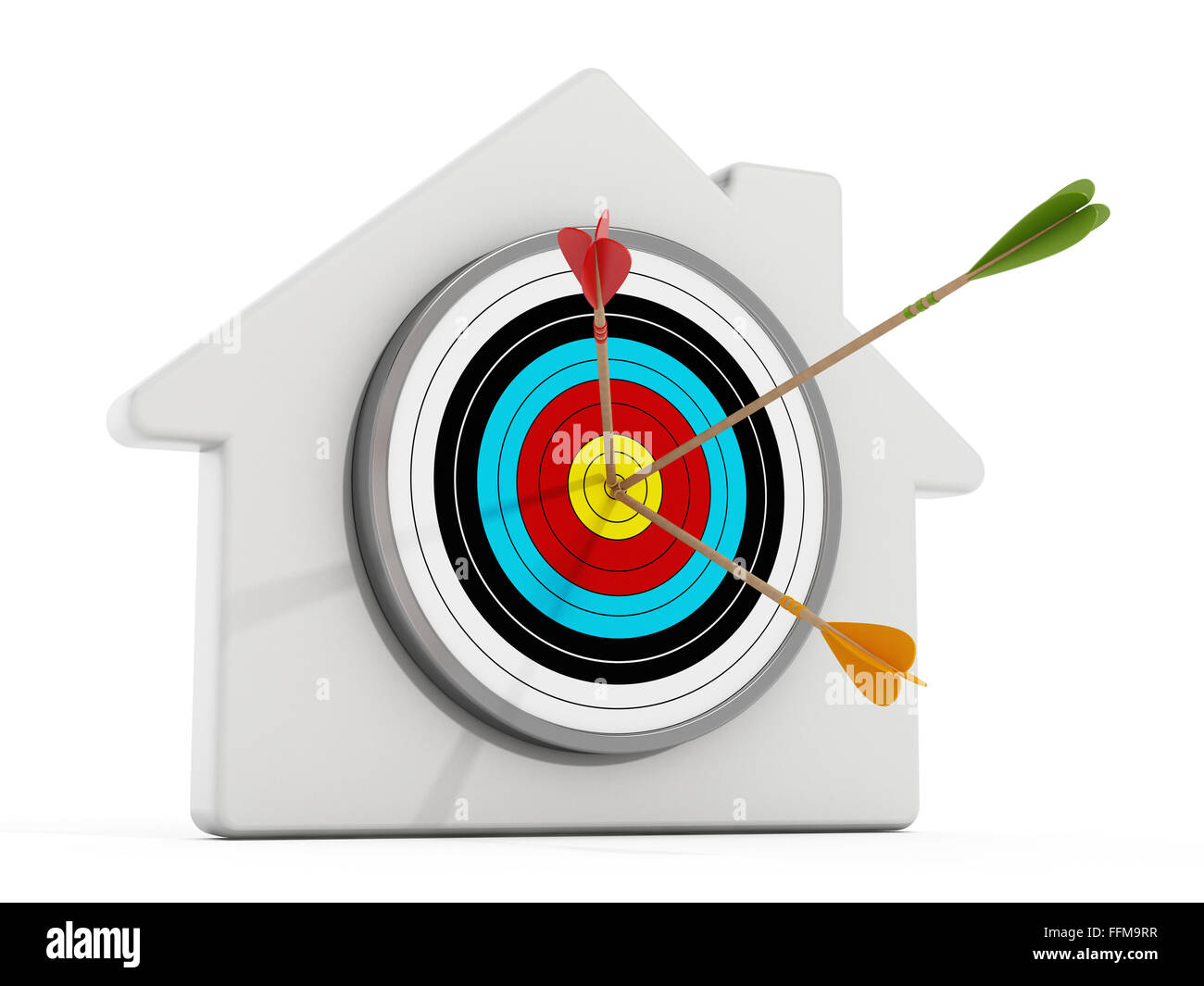 Target with arrows at the middle of of it standing on white house shape. Stock Photo