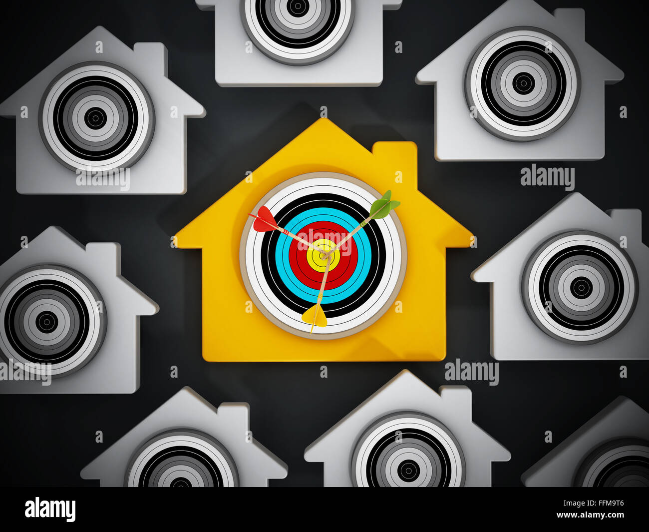 Target with arrows at the middle of of it standing on yellow house shape. Stock Photo