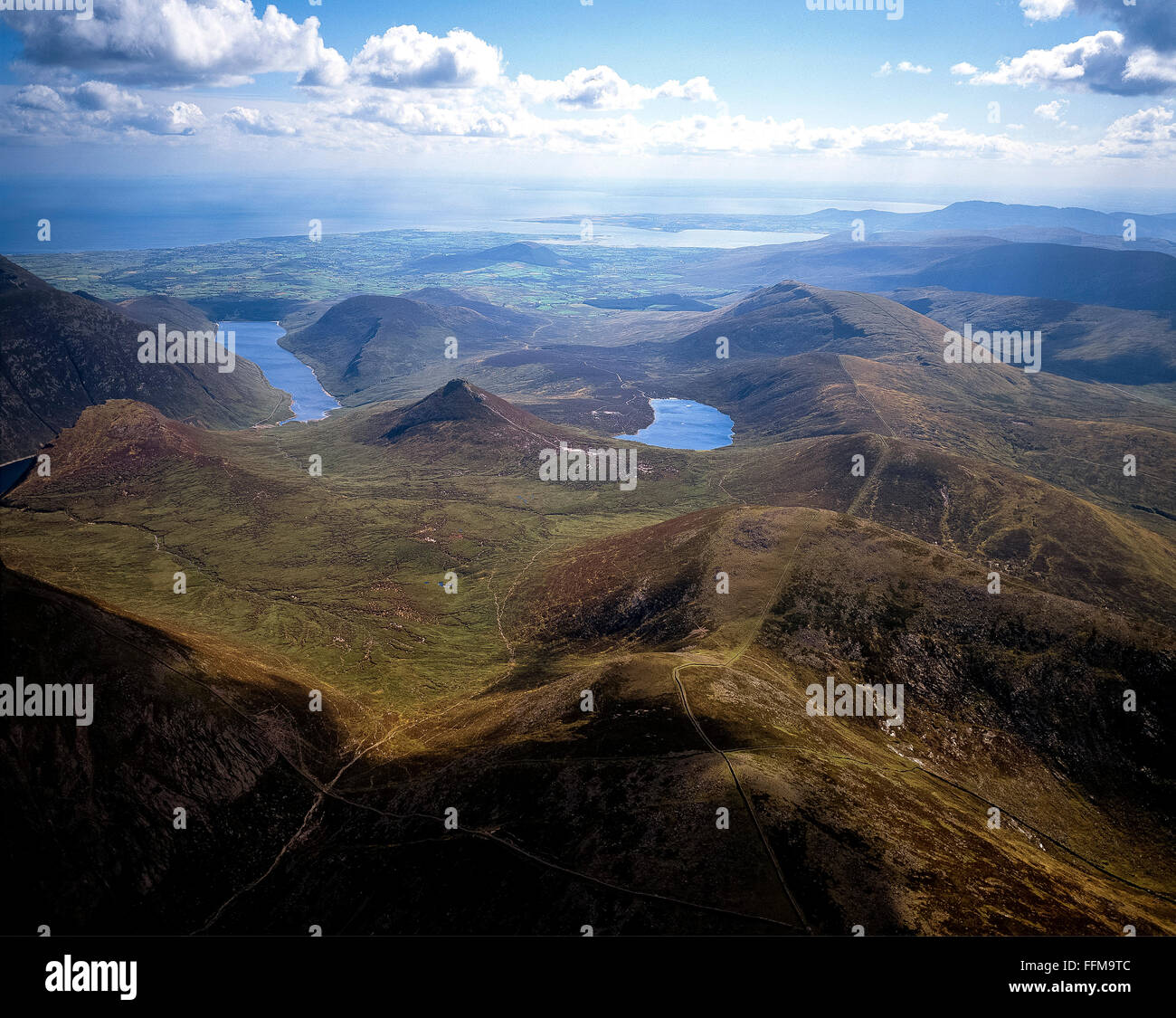 Aerial of Silent Valley and Loughshannagh Lough Shannagh mournes mourne Down Northern Ireland Stock Photo
