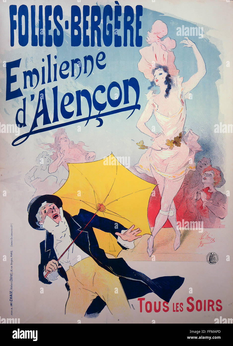 posters, advertising poster for the music hall 'Folies Bergere' in Paris with the dancer Emilienne d'Alencon performing there every night, colour lithograph by Jules Cheret (1836 - 1932), 1893, 83 x 59.5 cm, Die Neue Sammlung (The New Collection), Munich, Additional-Rights-Clearences-Not Available Stock Photo