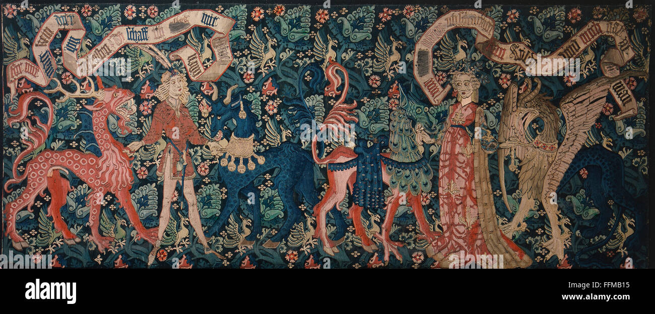 fine arts,tapestry,aristocrats with symbolic fabulous animals,detail,Upper Rhine,late 15th century,wool,knitted,historic museum,Basel,15th century,Middle Ages,medieval,mediaeval,wall hanging,fine arts,art,tapestry,tapestries,half length,standing,aristocracy,aristocracies,aristocrat,mythological creatures,mythical creature,fabulous creature,fabulous being,mythological creature,mythical creatures,fabulous creatures,fabulous beings,fabulous animal,fabulous animals,wool,wools,woolen,woollen,deer,griffin,griffon,gryphon,band,Additional-Rights-Clearences-Not Available Stock Photo