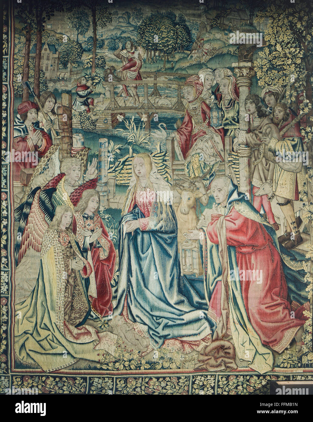 religion, Christianity, Jesus Christ, birth, adoration of the shepherds, tapestry, Bruxelles, 1505, Additional-Rights-Clearences-Not Available Stock Photo