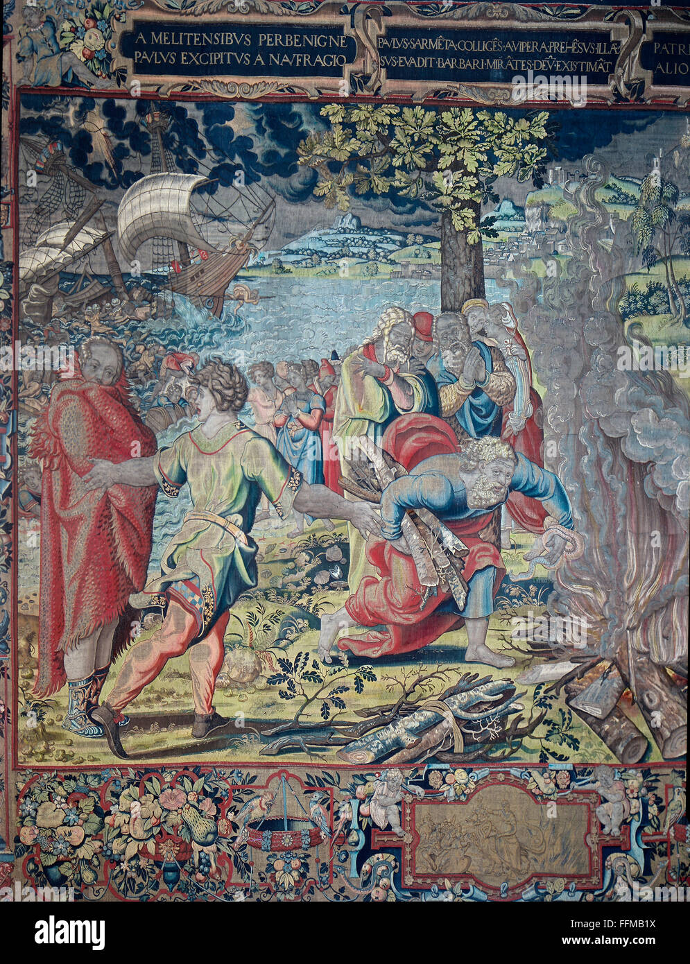 Paul, circa 1 - circa 64, Saint apostle, missionary, martyr, bitten by a viper on Malta, tapestry, detail, design by Pieter Coecke van Aelst (1502 - 1550), Bruxelles, circa 1540 / 1550, Bavarian National Museum, Munich, Germany, Stock Photo