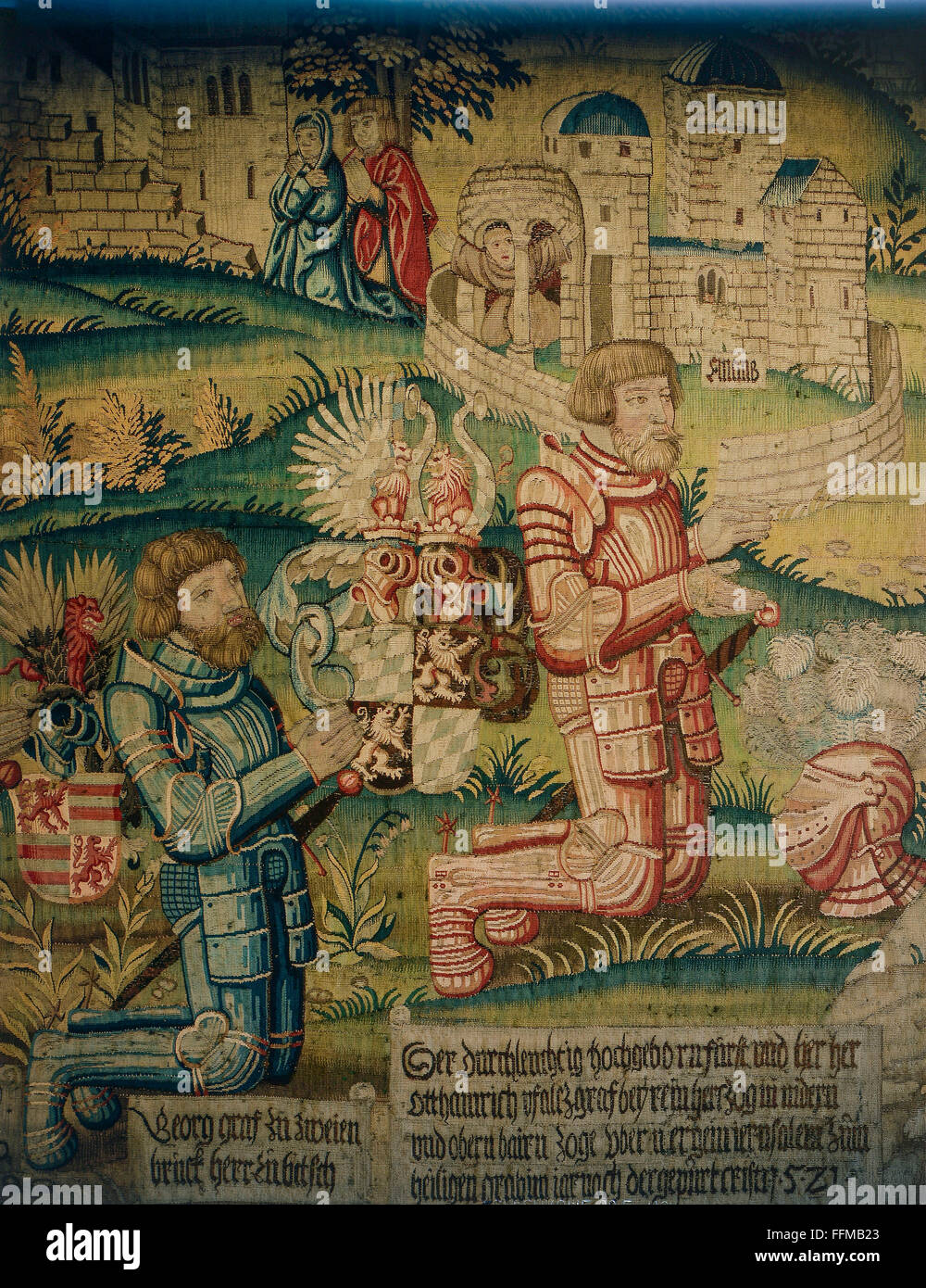 Otto Henry of the Palatinate, 10.4.1502 - 12.2.1559, Elector of the Palatinate 1556 - 1559, with Georg Count of Zweienbruck, on pilgrimage to Jerusalem, tapestry, after design by Matthias Gerung, detail, Bruxelles, 1541, Bavarian National Museum, Munich, Germany, Stock Photo