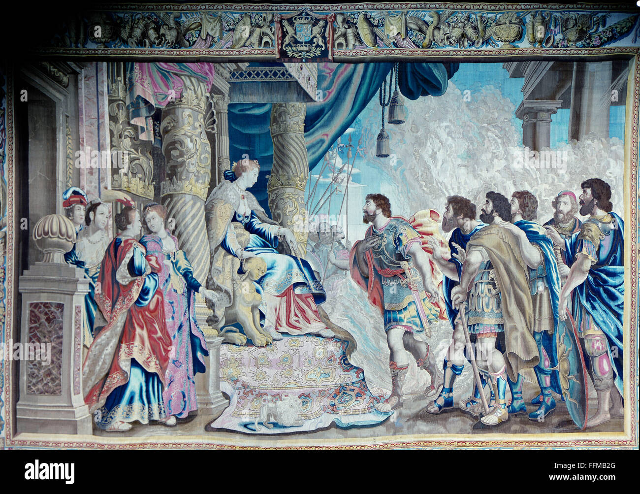 Aeneas, Greek legendary figure, full length, meeting queen Dido of Carthage, tapestry, Bruxelles, first half 17th century, Swedish treasury, Stockholm castle, Stock Photo