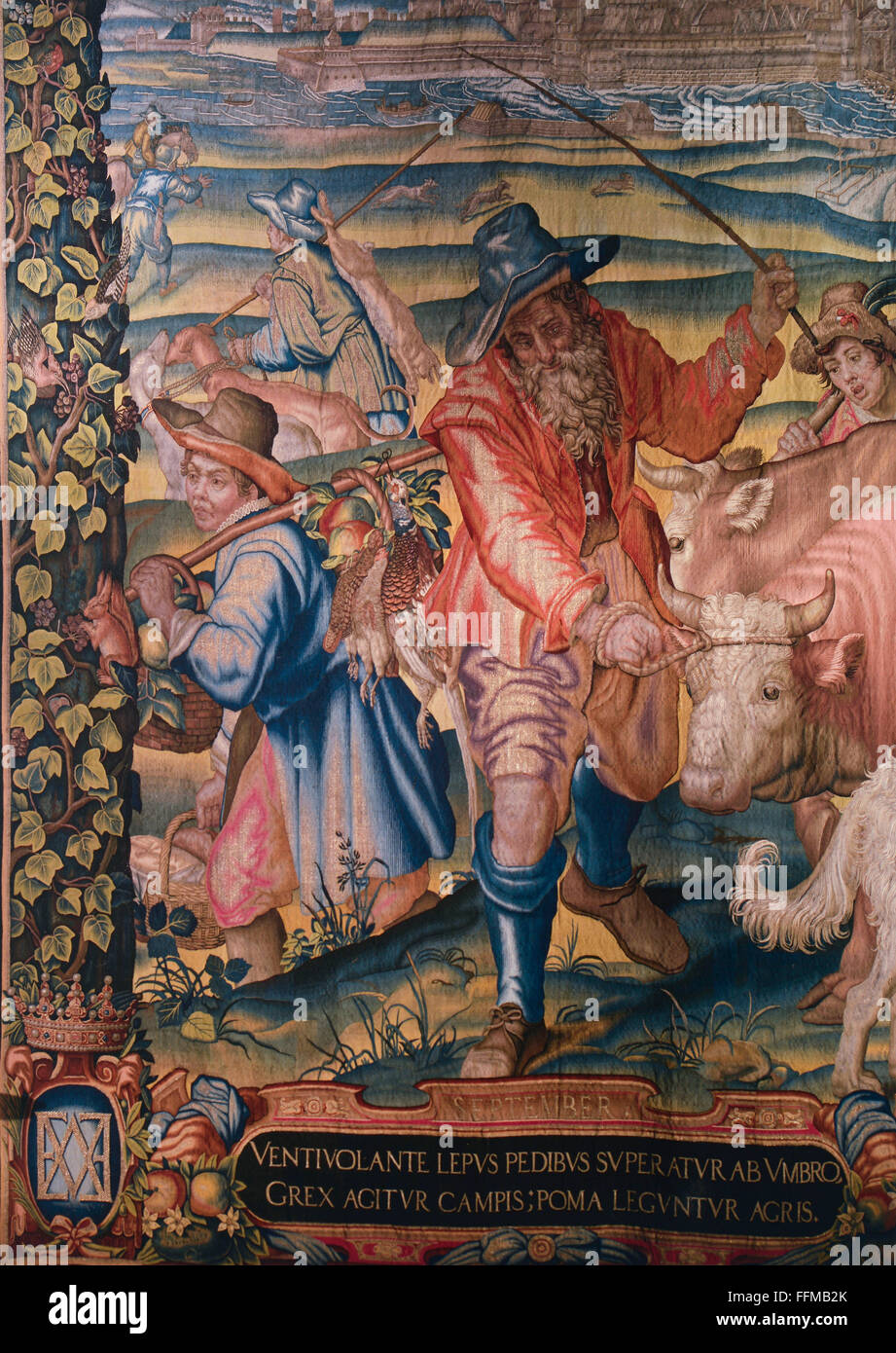 allegories, September, tapestry, detail, by Hans van der Biest, after design by Peter Candid, Munich, Germany, circa 1615, residence museum, Munich, Germany, Additional-Rights-Clearences-Not Available Stock Photo