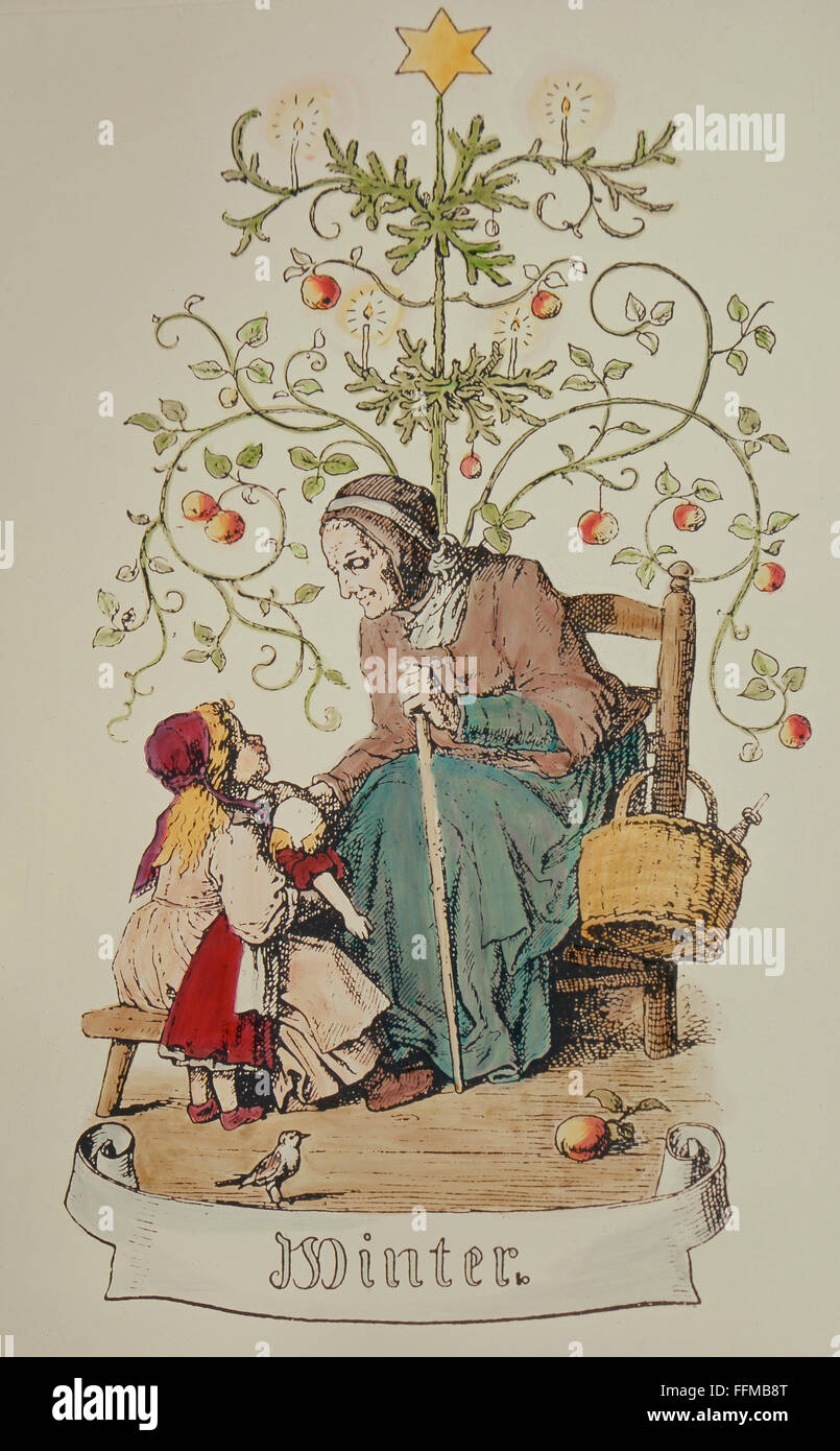 seasons, winter, grandmother telling a fairytale, after artwork by Ludwig Richter (1803 - 1884), coloured wood engraving by Hugo Bürkner (1818 - 1897), 14 x 7,8 cm, from: 'Bilder und Vignetten', Dresden, 1874, private collection, Additional-Rights-Clearences-Not Available Stock Photo