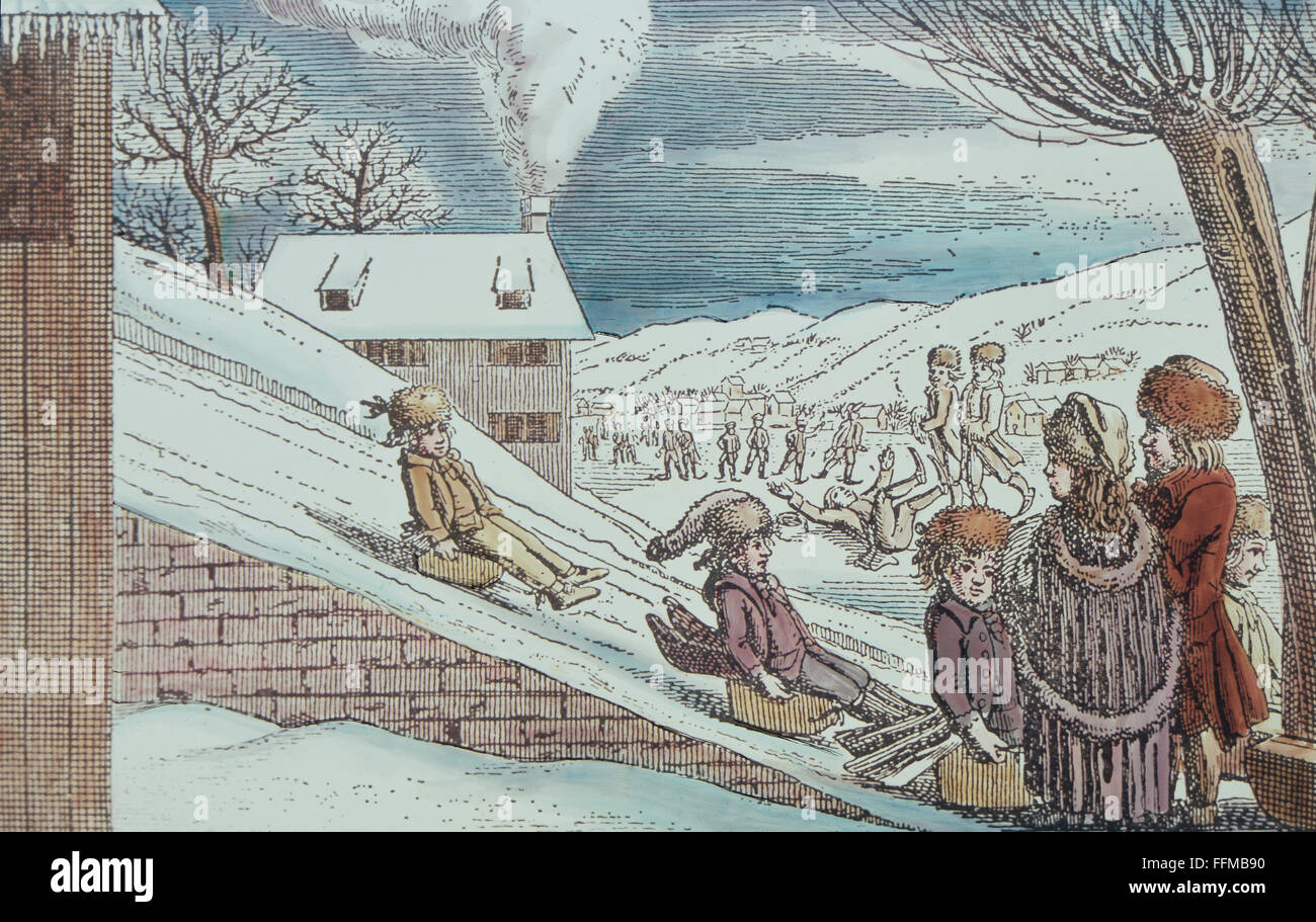 seasons, children sledging, coloured engraving by Daniel Beyel (1760 - 1823), from folk calendar, 1798, Additional-Rights-Clearences-Not Available Stock Photo