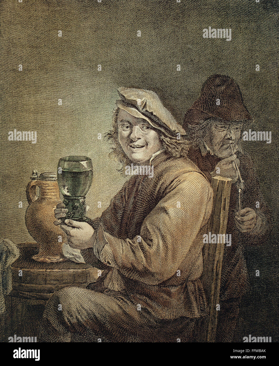alcohol, grape vine, 'At the inn, Flemish peasant with wine glass', after painting by David Teniers the Younger (1610 - 1690), coloured copper engraving by Pierre Chenu (1730 - um 1800), 23,5 x 19 cm, 18th century, private collection, Artist's Copyright has not to be cleared Stock Photo