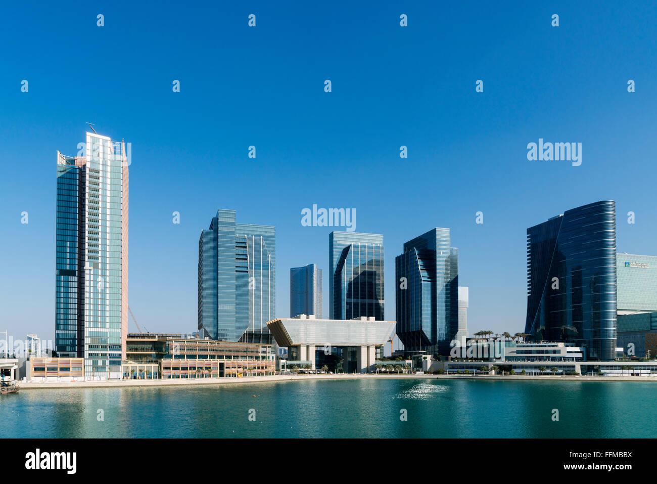 View of new business district at Abu Dhabi Global Market square (ADGM) on Al Maryah Island in Abu Dhabi United Arab Emirates Stock Photo