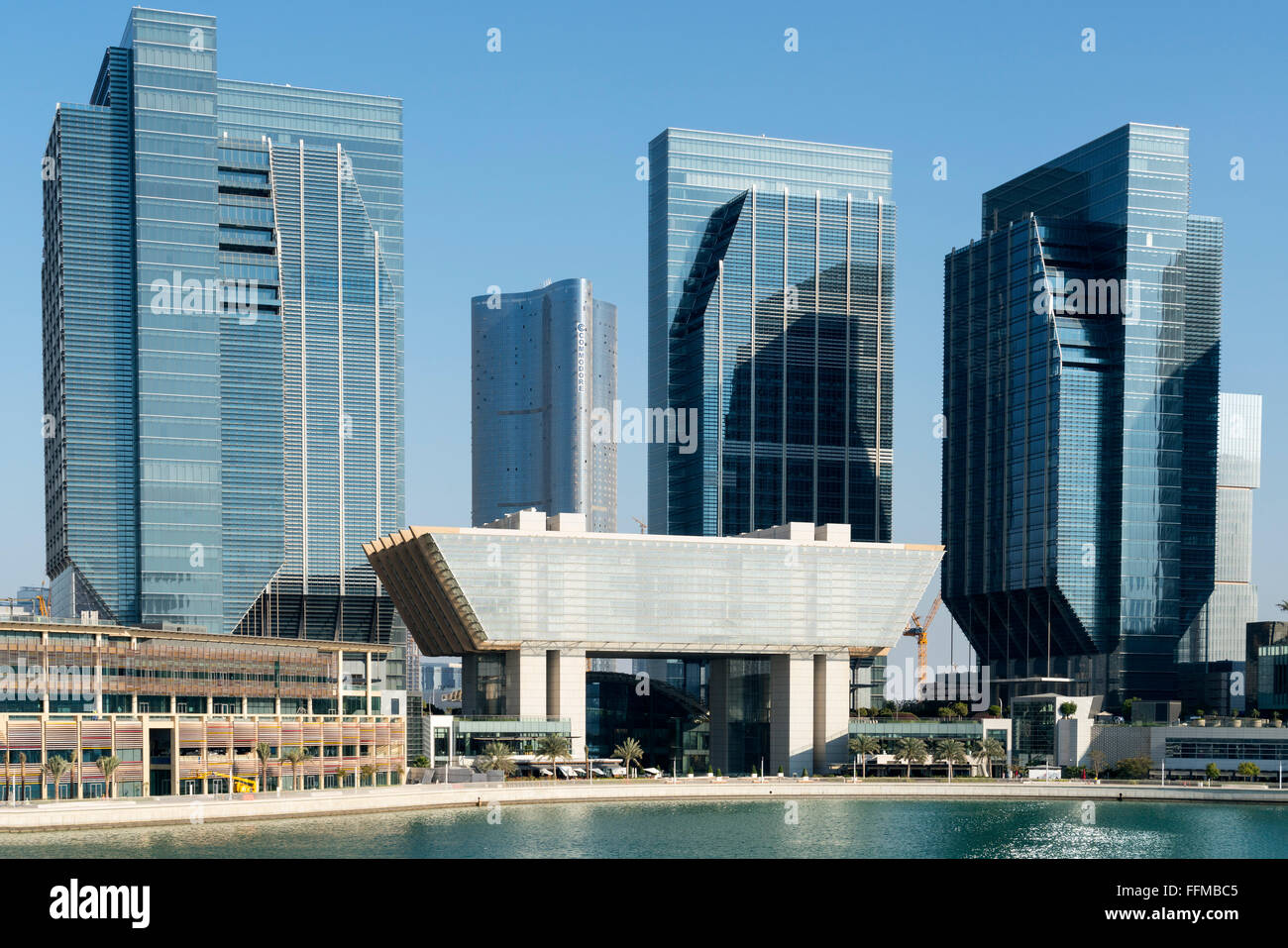 View of new business district at Abu Dhabi Global Market square (ADGM) on Al Maryah Island in Abu Dhabi United Arab Emirates Stock Photo