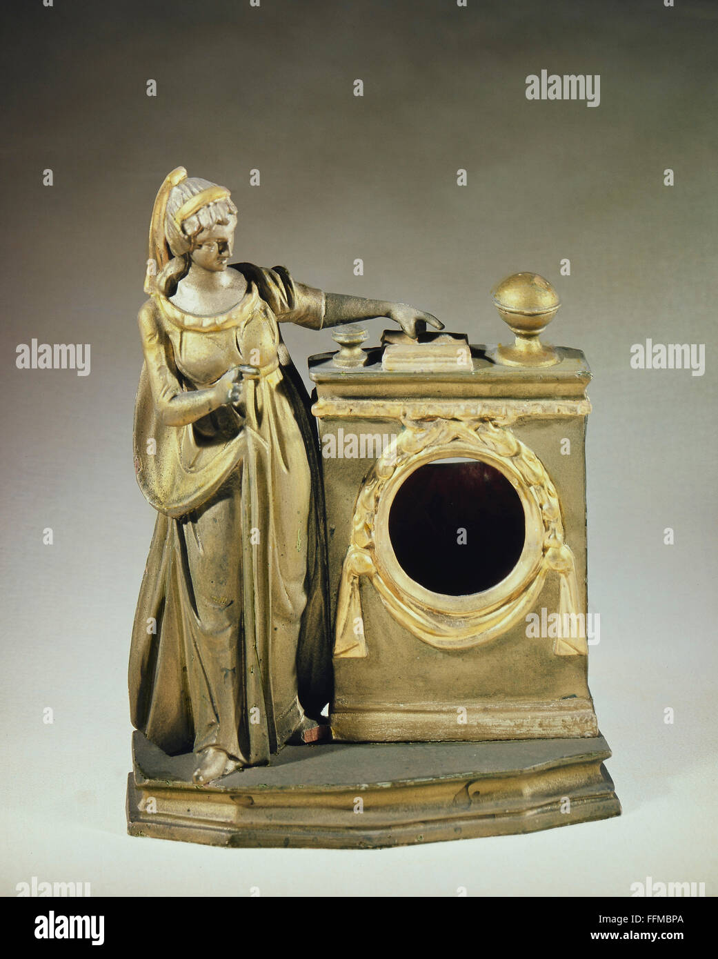clocks, rack for a pocket watch, lady in Empire dress, wood, carved, painted, Southern Germany, circa 1820, Additional-Rights-Clearences-Not Available Stock Photo