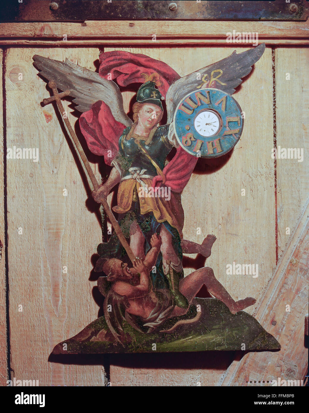 clocks, rack for a pocket watch, archangel Michael fighting against Satan, lamination, Upper Bavaria / Tyrol, early 18th century, private collection, Switzerland, 18th century, fine arts, art, handicrafts, handcraft, craft, Germany, Bavaria, Austria, storage, rack, racks, religion, religions, Christianity, angel, angels, fights, struggle, struggles, battling, battle, devil, devils, clock, clocks, pocket watch, watch, pocket watches, watches, archangel, archangels, fighting, fight, lamination, laminations, historic, historical, male, man, people, men, Additional-Rights-Clearences-Not Available Stock Photo
