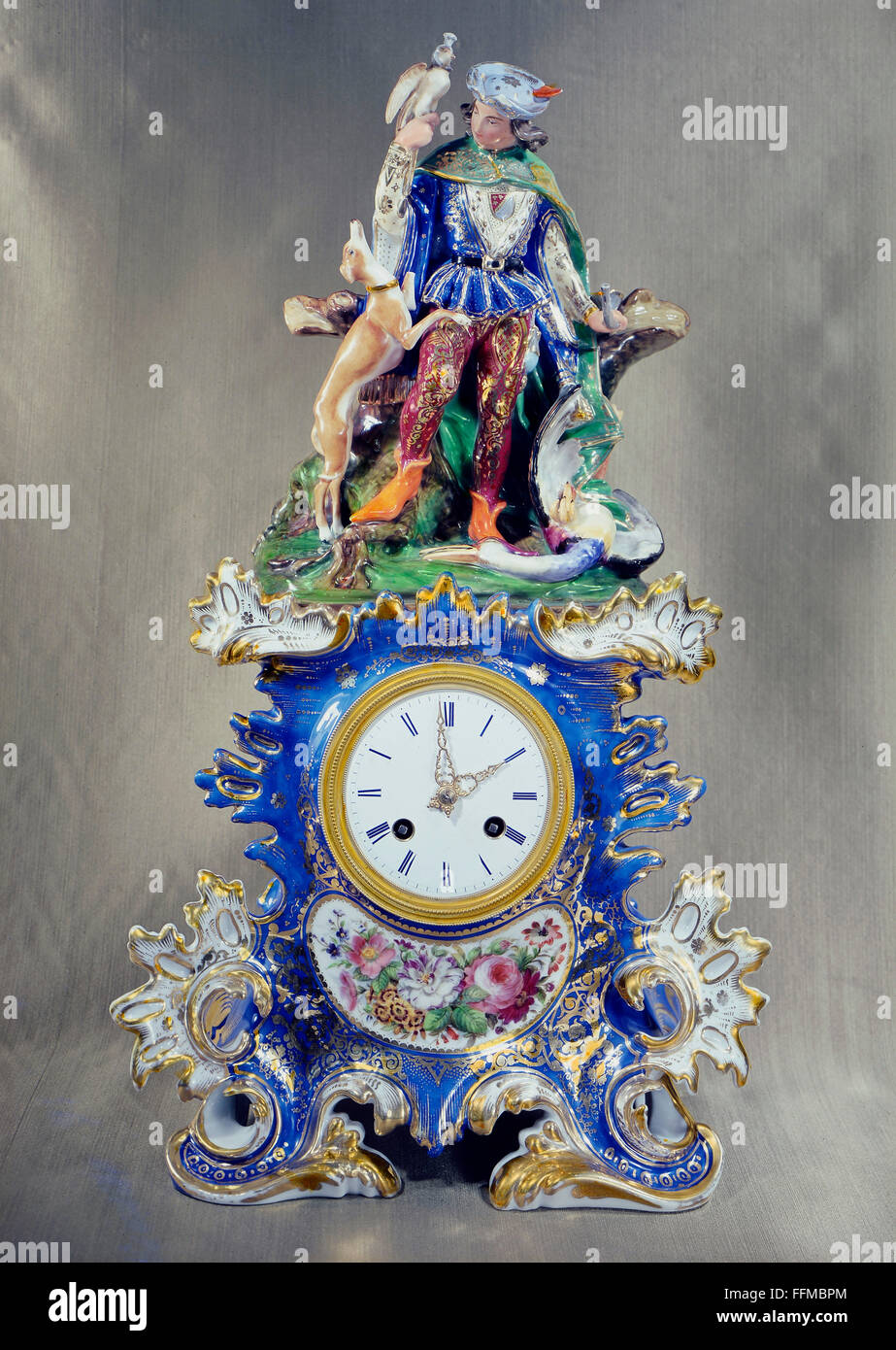 clocks, bracket clock, falconer with hunting dog, porcelain, painted, Sevres, Paris, circa 1860, Additional-Rights-Clearences-Not Available Stock Photo