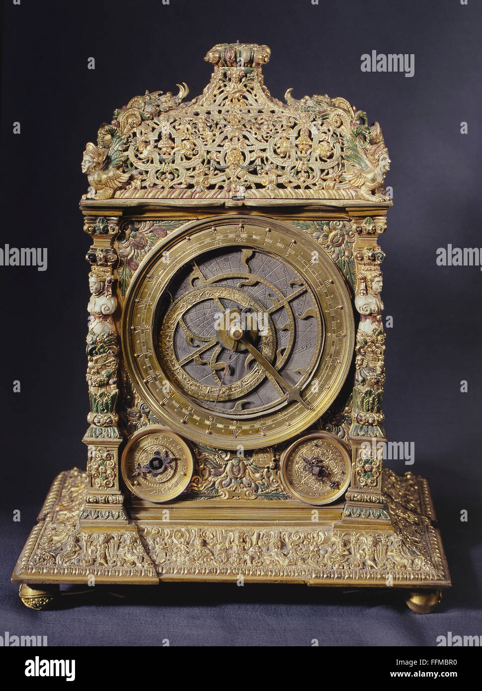 clocks, bracket clock, bronze, gold-plated, painted, Augsburg, circa 1570 / 1580, Additional-Rights-Clearences-Not Available Stock Photo