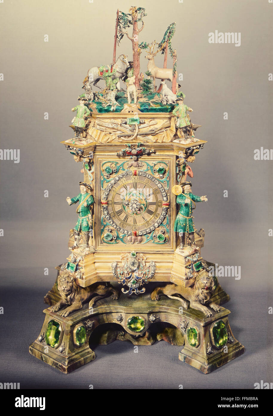 clocks, bracket clock with scene of the legend of Saint Hubertus, gold, silver, gold-plated, gemstone, enamel, varnish, clockwork by Gottlieb Graupner, case by Johann Heinrich Köhler, Dresden, circa 1720, Additional-Rights-Clearences-Not Available Stock Photo