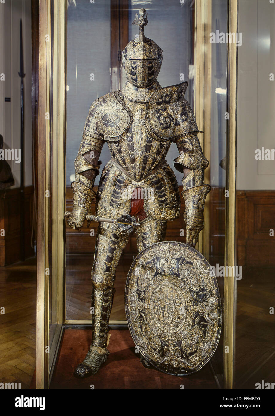 weapons, defensive arms, armour, ceremonial armour with shield for Alessandro Farnese (1545 - 1592), metal, cauterize, gold-plated, by Lucio Piccinino, before 1579, Additional-Rights-Clearences-Not Available Stock Photo