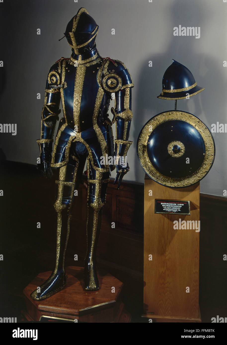 weapons, defensive arms, armour suit, ceremonial armour for emperor Maximilian II (1527 - 1576), steel, blued, gold-plated, Augsburg, circa 1550 / 1560, Additional-Rights-Clearences-Not Available Stock Photo
