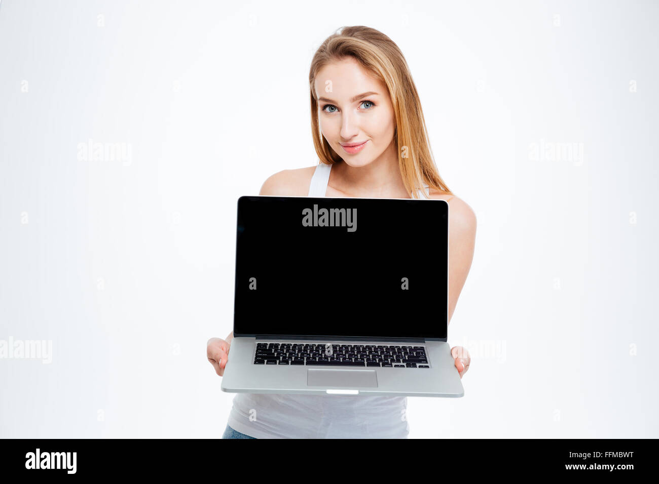 Cute Woman Showing Laptop Computer Screen Isolated On A White