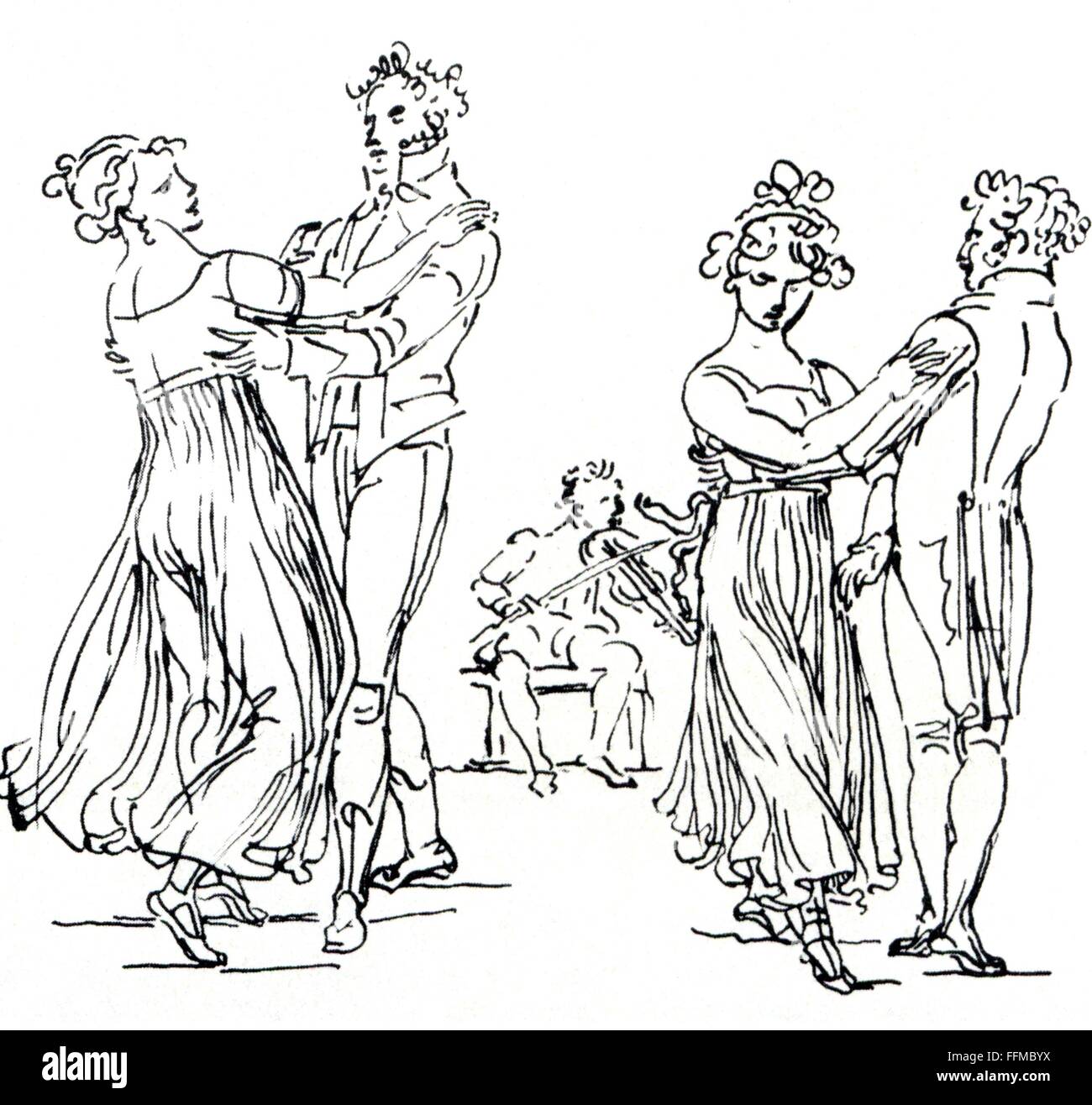 people, couples, dancing couples, drawing by Johann Gottfried Schadow, serial 'Berlin Types', early 19th century, Additional-Rights-Clearences-Not Available Stock Photo