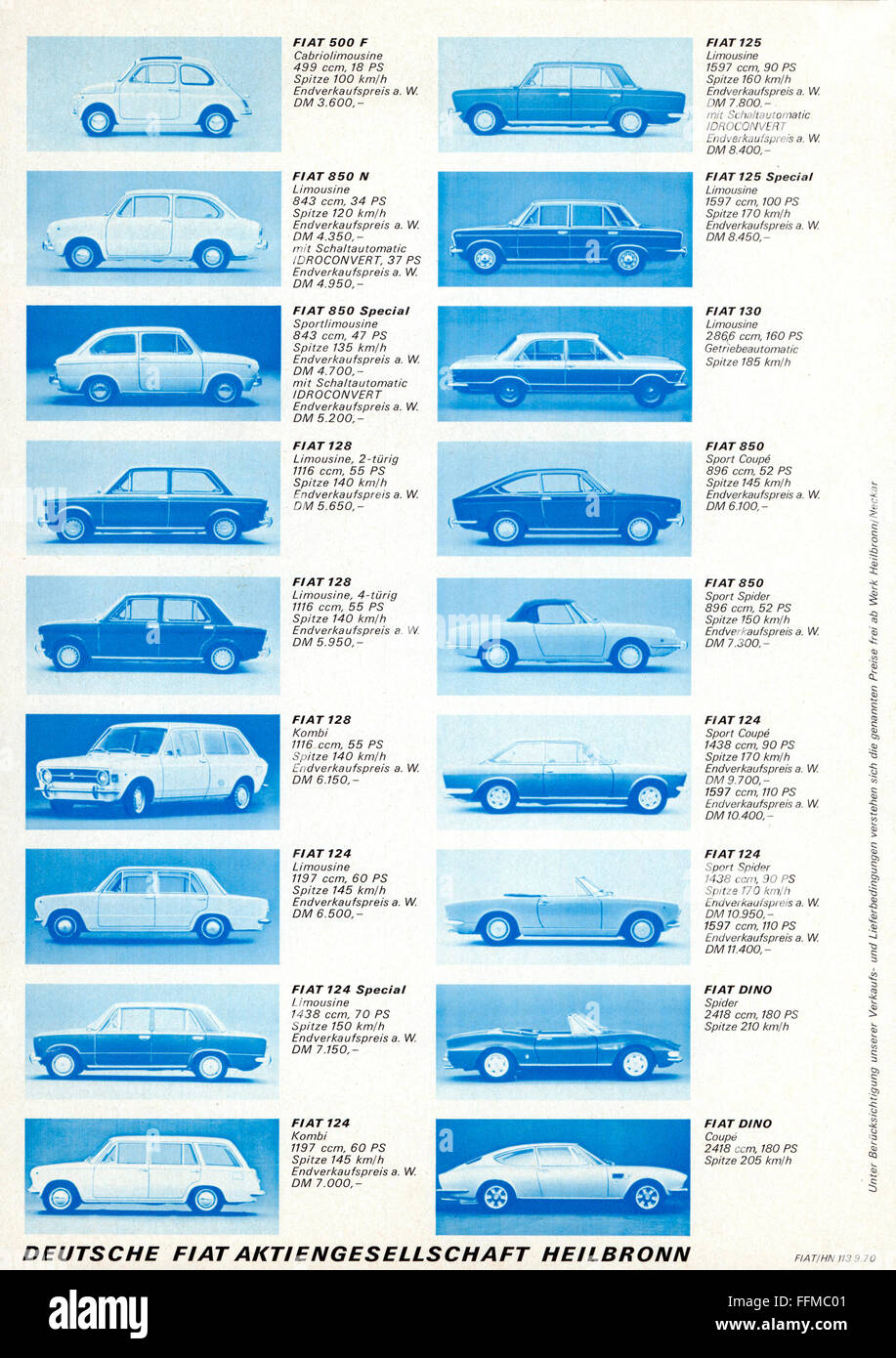 transport / transportation,car,vehicle variants,Fiat,advertising,leaflet of Fiat Germany,Heilbronn,September 1970,oversight on the array of products,versions,styles,models,500 F,850 N,850 Special,128 estate car,124,125,130,850,Dino,product,variety of products,array of products,offering,economy,industries,car industry,automobile industry,vehicle,vehicles,motor car,auto,automobile,motorcar,motorcars,autos,automobiles,passenger cars,passenger coach,passenger car,1970s,70s,20th century,no-people,transport,transportation,Additional-Rights-Clearences-Not Available Stock Photo