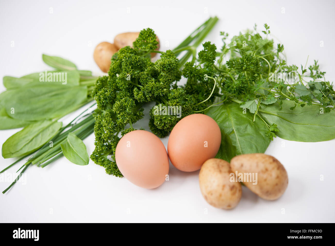 Picture of 'Frankfurter Grüne Soße', taken on 15/02/2016 in Oberursel. 'Grüne Soße' is a traditional Food from Frankfurt, containing parsley, sorrel, chervil, borage, burnet and cress. It s traditionally served with potatoes ans boiled eggs. Stock Photo