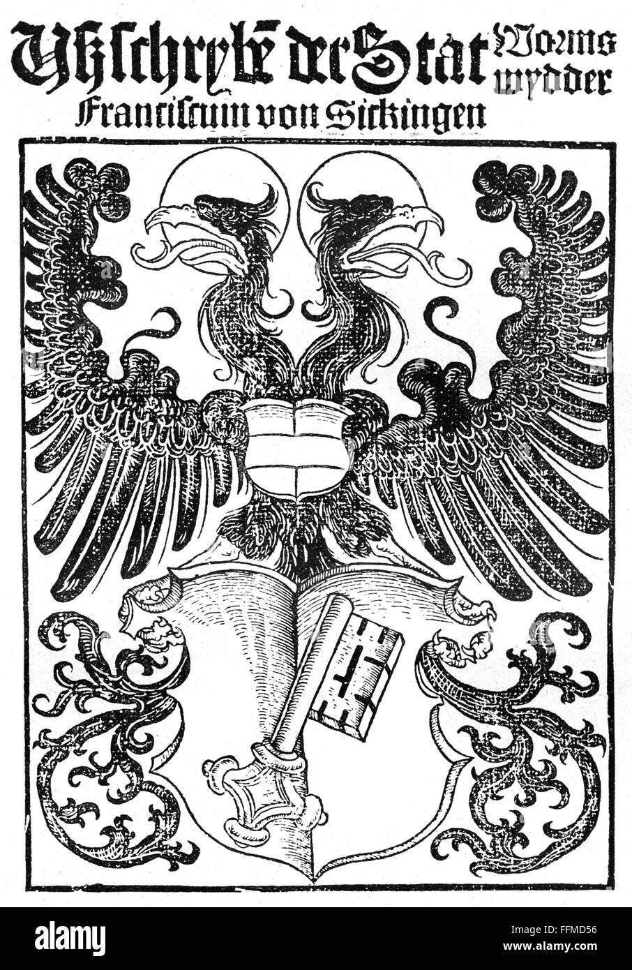 Sickingen, Franz von, 2.3.1481 - 7.5.1523, German imperial knight, feud with the Imperial City Worms, polemic pamphlet against Franz von Sickingen, title, woodcut, 1515, Stock Photo