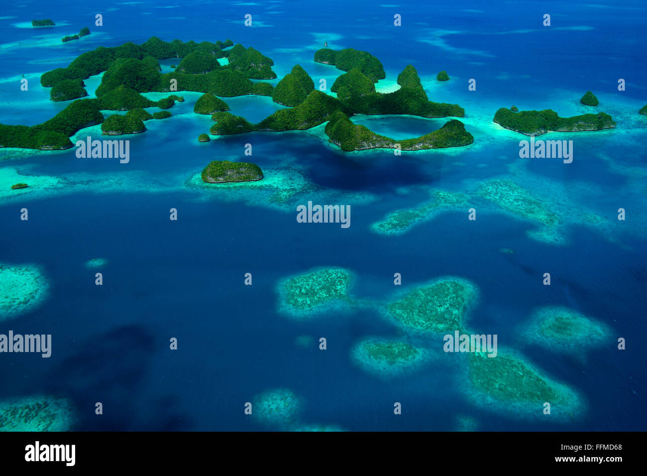 Aerial view of the Rock Islands, Palau, Micronesia, Oceania, Pacific Ocean. Unesco World Heritage Site seen from sky on airplane Stock Photo