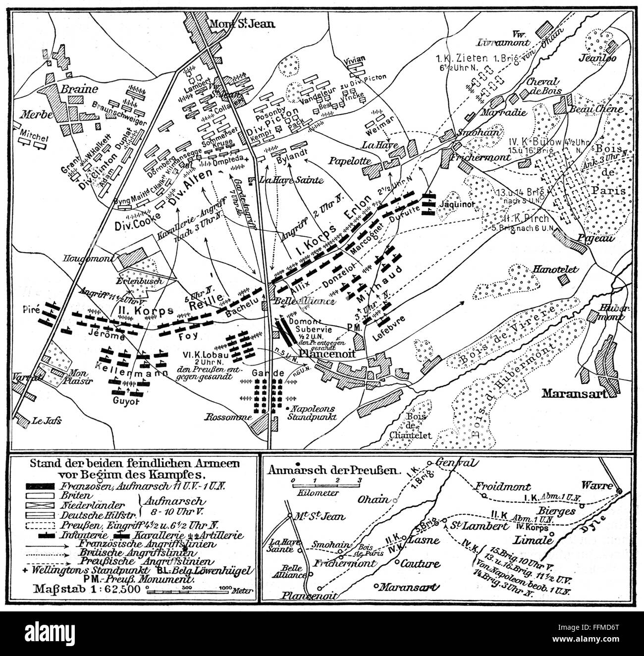 War of the Seventh Coalition 1815, battle of Waterloo, 18.6.1815, plan of action, drawing, Meyers Konversationslexikon, 1908, Additional-Rights-Clearences-Not Available Stock Photo