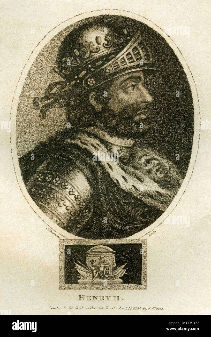 Henry II. of England, duke of the Normandy, born 1133 in Le Mans, died 1189 in Chinon , King of England between 1154 and 1189 , steel engraving by Chapman , about 1803., Editorial-Use-Only Stock Photo