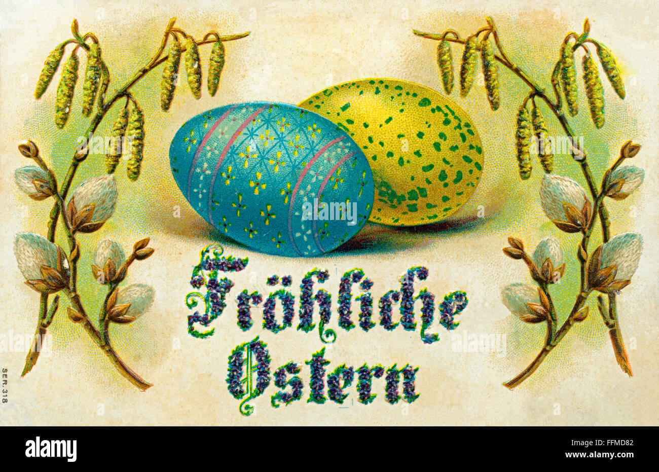 Easter, Easter postcard from 1906 with Easter eggs and catkin, 'Happy Easter', Germany, , Additional-Rights-Clearences-Not Available Stock Photo
