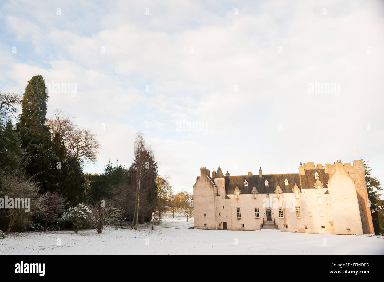 Drum Castle in the snow in Aberdeenshire, Scotland. Stock Photo