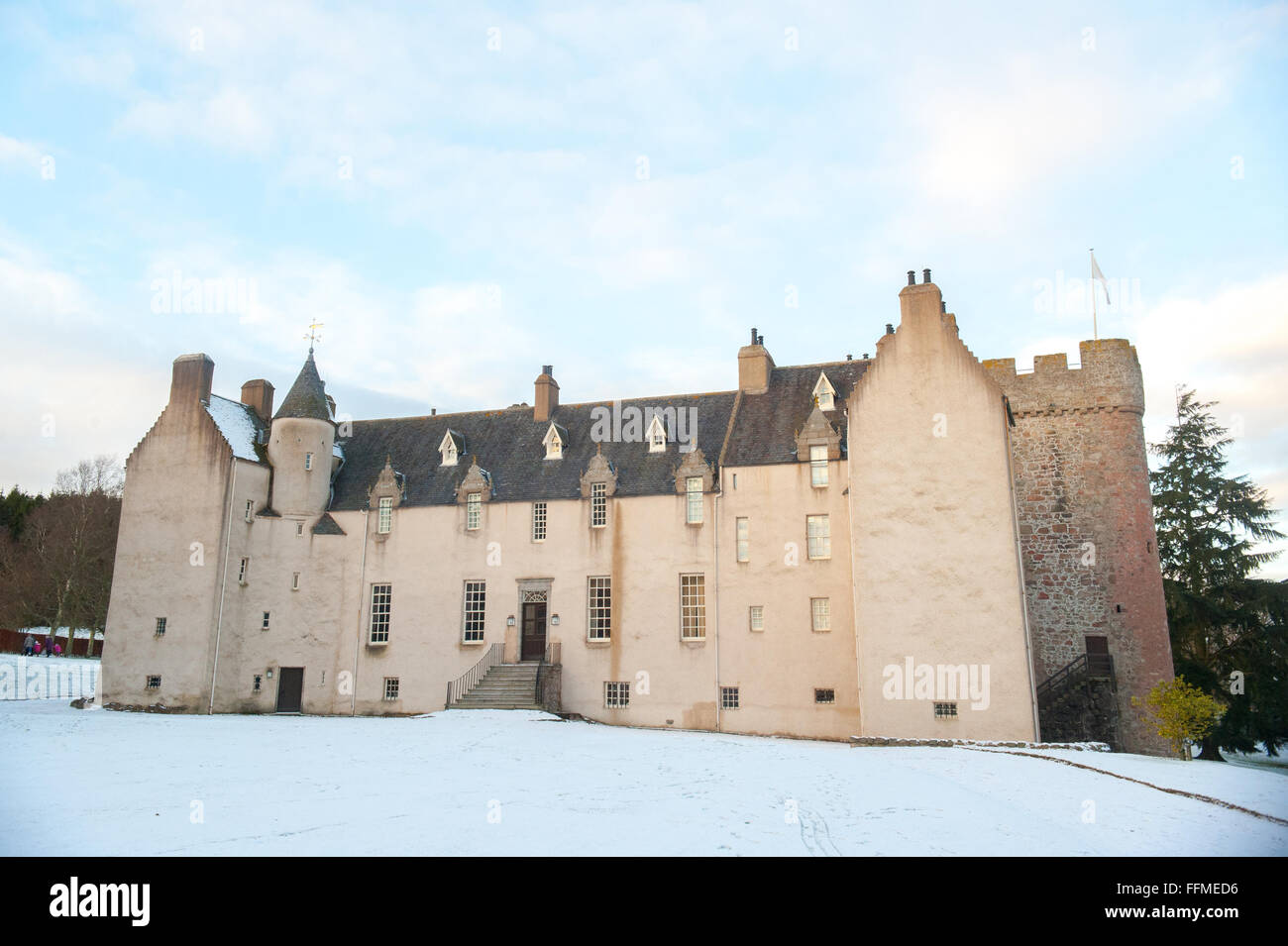 Drum Castle in the snow in Aberdeenshire, Scotland. Stock Photo
