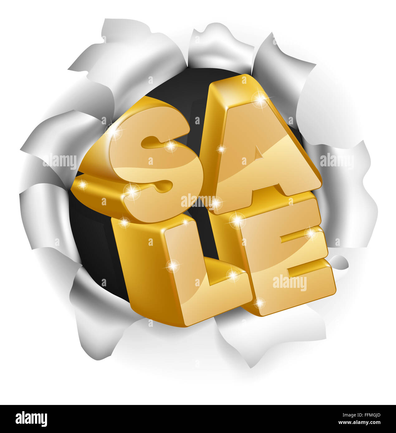 Text reading Sale breaking through a background coming through a hole. Concept for big sale such as Black Friday Stock Photo