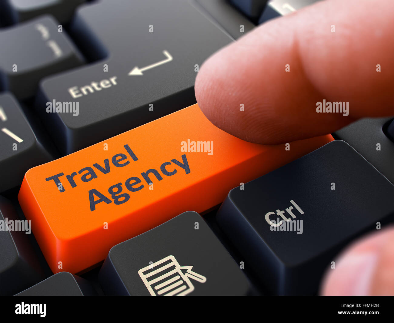 Finger Presses Orange Keyboard Button Travel Agency. Stock Photo