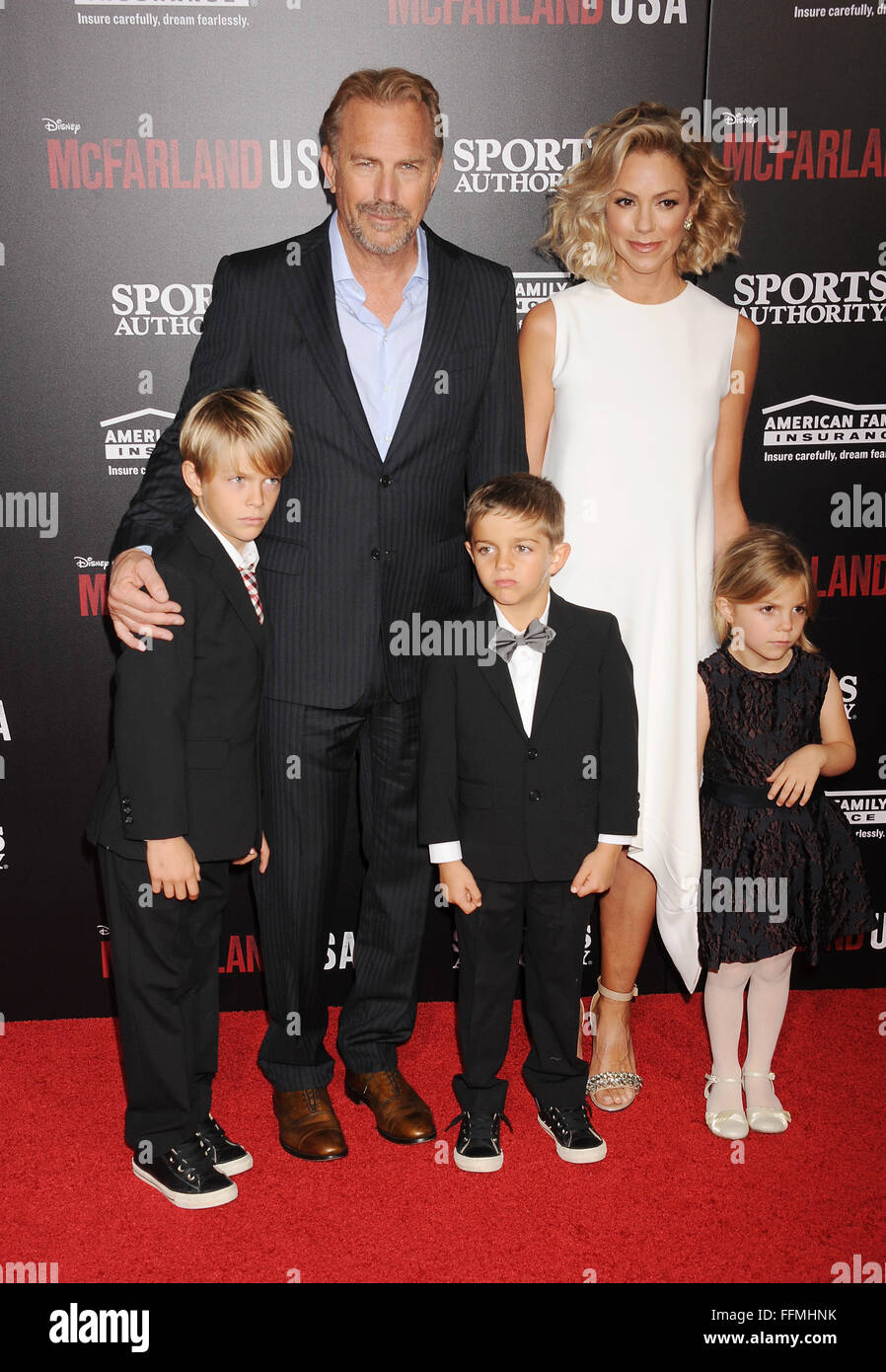 Actor Kevin Costner Wife Christine Baumgartner And Children Grace Avery Costner Hayes Logan Costner And Cayden Wyatt Costner Arrive At The World Premiere Of Disney S Mcfarland Usa At The El Capitan Theatre