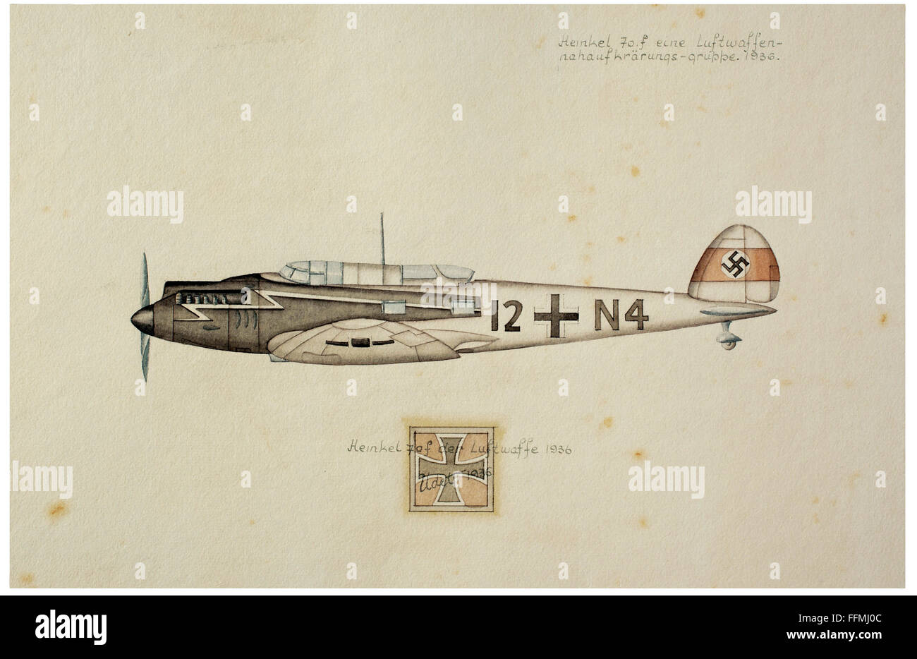 Nazism / National Socialism, military, Luftwaffe (German Air Force), Heinkel He 70 F 'Blitz', colour drawing by Ernst Udet, 1936, Additional-Rights-Clearences-Not Available Stock Photo
