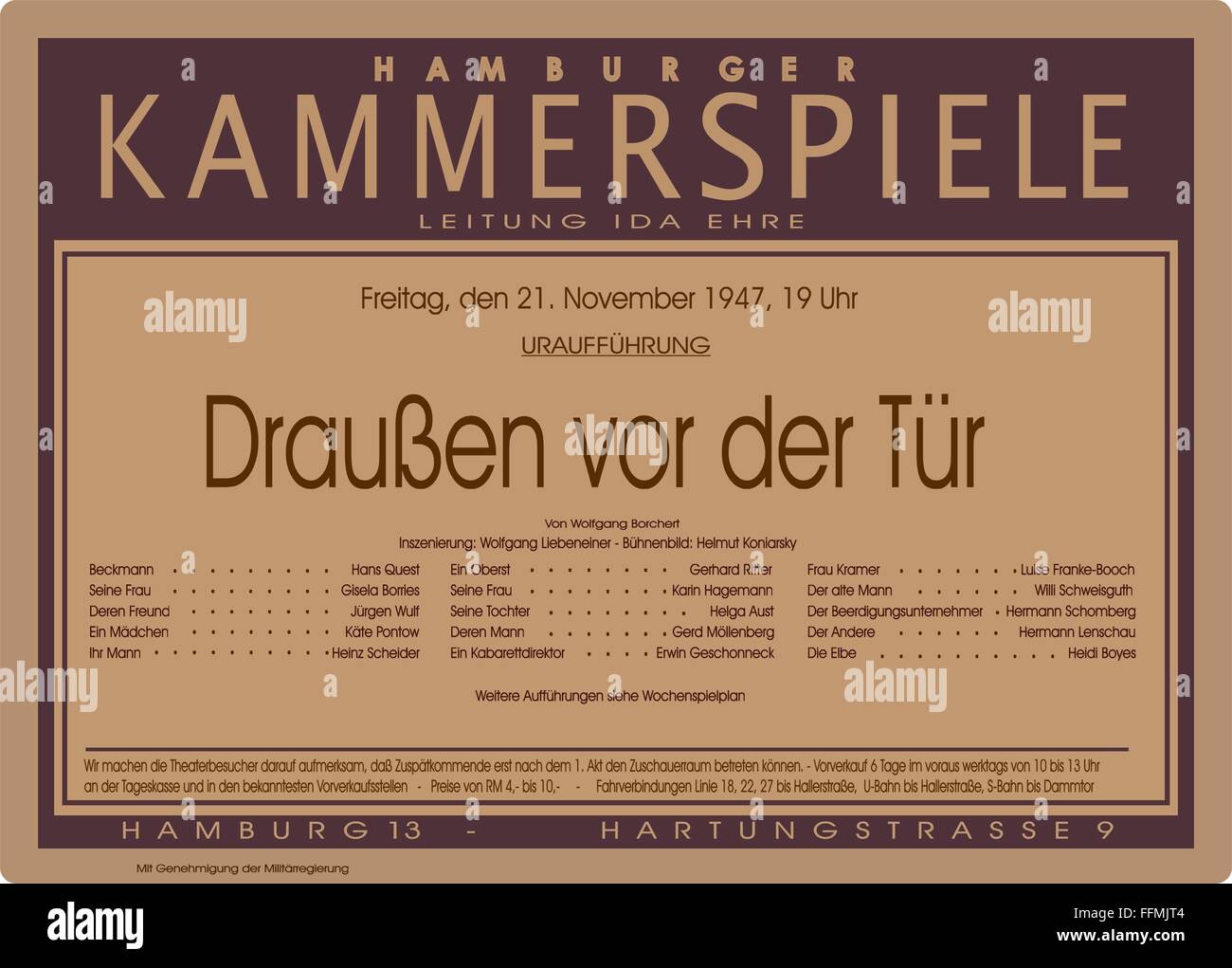 theatre, play, 'Draussen vor der Tuer' (The Man Outside) by Wolfgang Borchert, poster of the world premiere, Kammerspiele, Hamburg, 21.11.1947, Additional-Rights-Clearences-Not Available Stock Photo