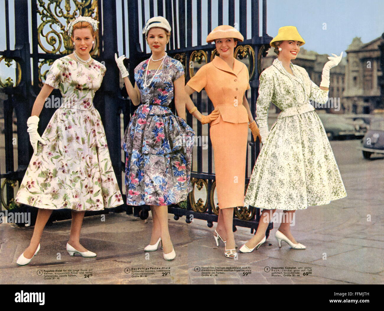fashion, ladies' fashion, from left: poplin dress, synthetic dress, jacket dress, elegant complete, Hertie Prospectus, of the Hertie store in Munich, Germany, circa 1956, Additional-Rights-Clearences-Not Available Stock Photo