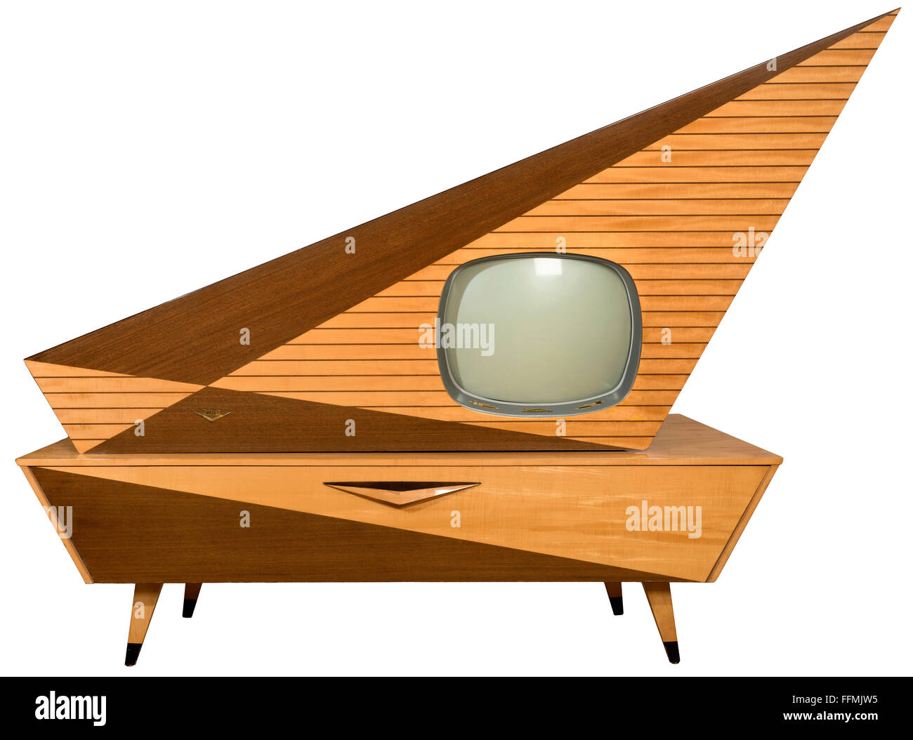 broadcast, television, television set, Kuba Komet, TV luxury cabinet, with integrated television set, screen: 53 centimeter diagonal, upper part pivoted, chassis: exotic woods, high-gloss polished, original price 1957: DM 2798.-, plus DM 429.-, for the built-in magnetophone, monochrome television set, made by: Tonmoebelfabrik Cuba, Wolfenbuettel, Germany, 1957, Additional-Rights-Clearences-Not Available Stock Photo